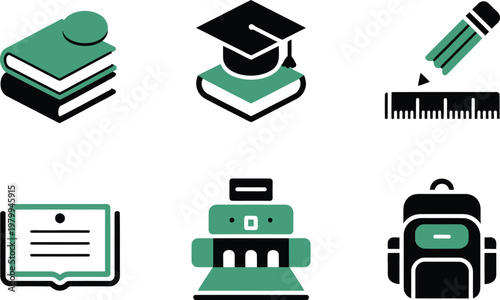 Set of educational icons featuring books graduation cap pencil ruler open book printer and student backpack