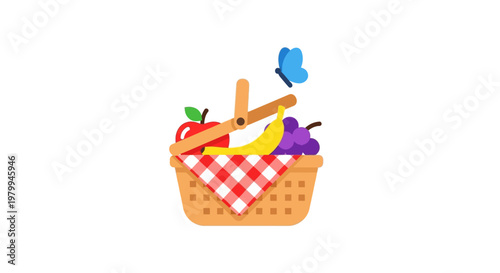 Picnic basket with fresh food items.