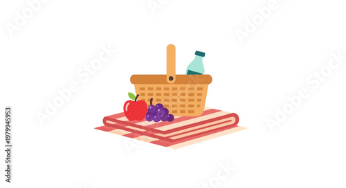 Picnic basket with fruit and bottle.