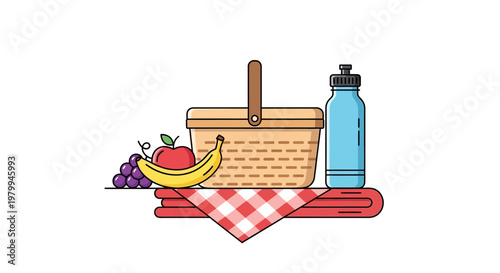 Picnic basket with fruit and bottle.
