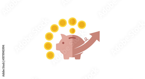 Piggy bank with growing savings money.