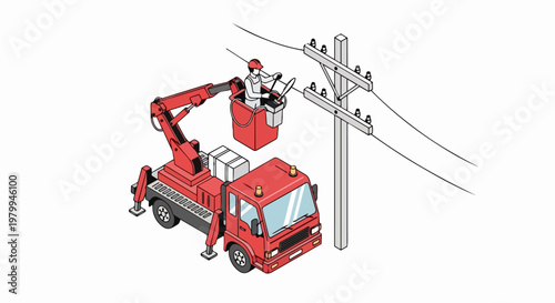 Isometric Vector Illustration of an Electrician in a Cherry Picker Bucket Truck Repairing Power Lines on a Utility Pole