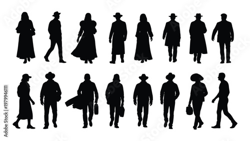 A collection of silhouetted figures representing a diverse group of people in various poses and attire high quality professional detailed modern