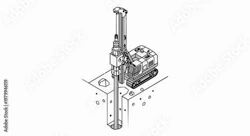 Isometric Line Art Illustration of an Industrial Rotary Drilling Rig Boring into the Ground for Construction Foundation Work