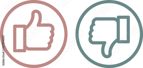 Thumbs up and thumbs down icons showing agreement or disagreement symbols for user feedback and rating