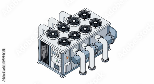 Isometric Industrial Chiller Unit with Cooling Fans and Pipes for HVAC Systems and Climate Control