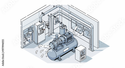 Industrial Air Compressor and Pressure Tank with Piping System in Mechanical Room Isometric Line Art Illustration