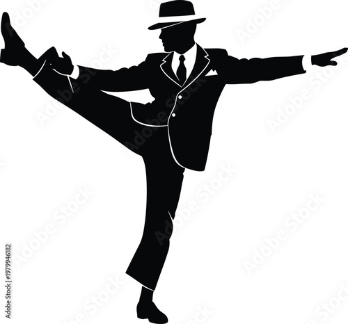 Stylized silhouette of performer in suit and hat executing high kick with extended arm, dynamic dance movement, elegant fashion artwork perfect for performance, lifestyle, and design projects.
