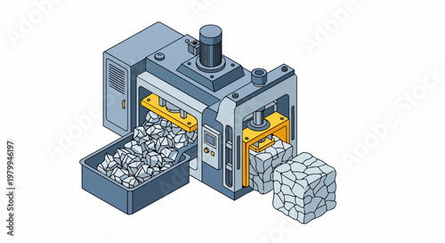 Isometric Industrial Compacting Machine Processing Stone Fragments into Compressed Cubes, Manufacturing and Recycling Concept Illustration