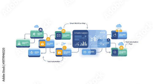 A business automation illustration showcases an AI assistant dashboard connecting workflow vector elements against a clean white background, presenting a concept of technology