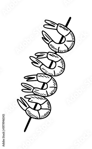 Hand-drawn black and white of shrimp a skewer, isolated white seafood food