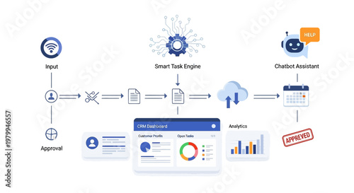 Conceptual vector illustration presenting a business automation workflow on a dashboard, featuring a smart task engine, data analysis, and a chatbot assistant against a clean white