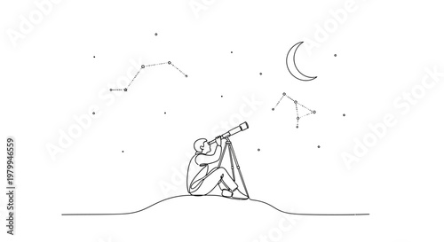 Man With Telescope Gazing At Night Sky Constellations And Crescent Moon