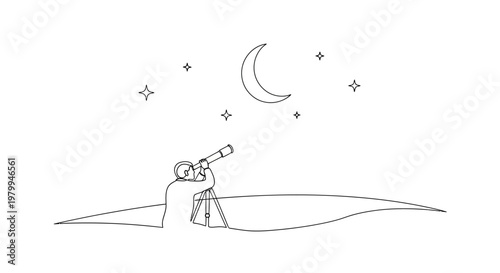 Person with telescope observing crescent moon and stars in night sky, simple line art