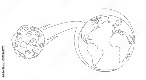 Asteroid approaching Earth in continuous line art style, space threat concept