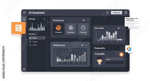 Vector illustration showcasing an AI assistant dashboard on a dark interface displaying performance metrics and task queues, with a clean design and workflow automation concept