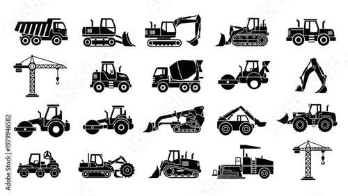 Construction Vehicles Silhouette: A collection of various construction vehicles, each meticulously rendered as a silhouette, ready for use in industrial or design projects.