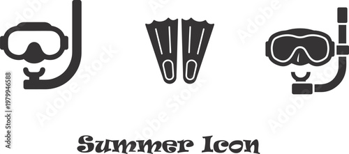 Diving mask snorkel and fins icons for summer vacation travel and aquatic sports