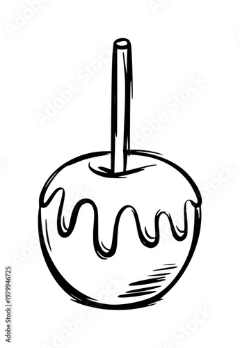 Hand-drawn black outline of a candy apple with drizzled coating white background