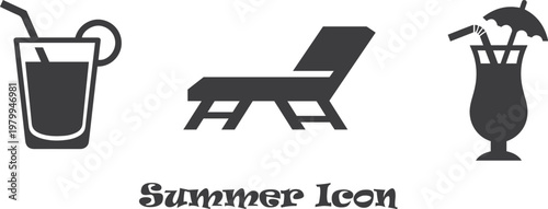 Summer Icons With Beach Chair And Tropical Drinks On Transparent background
