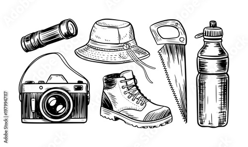 Hand-drawn of vintage camera, bucket hat, hiking boot, saw, flashlight, and water bottle
