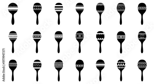 Set of 20 black and white maraca icons with various patterns on a white background