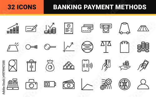 Minimalist money and banking line icon set for financial services and investments.