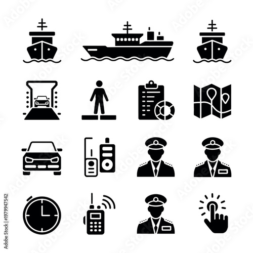 Solid ferry operations icons vector set featuring arrival, departure, docking maneuver, ramp lowering, vehicle loading, and passenger boarding for transport design