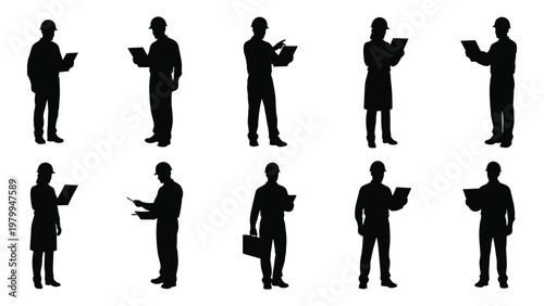 A collection of silhouetted figures mostly business professionals holding clipboards or tablets against a white background high quality professional detailed modern