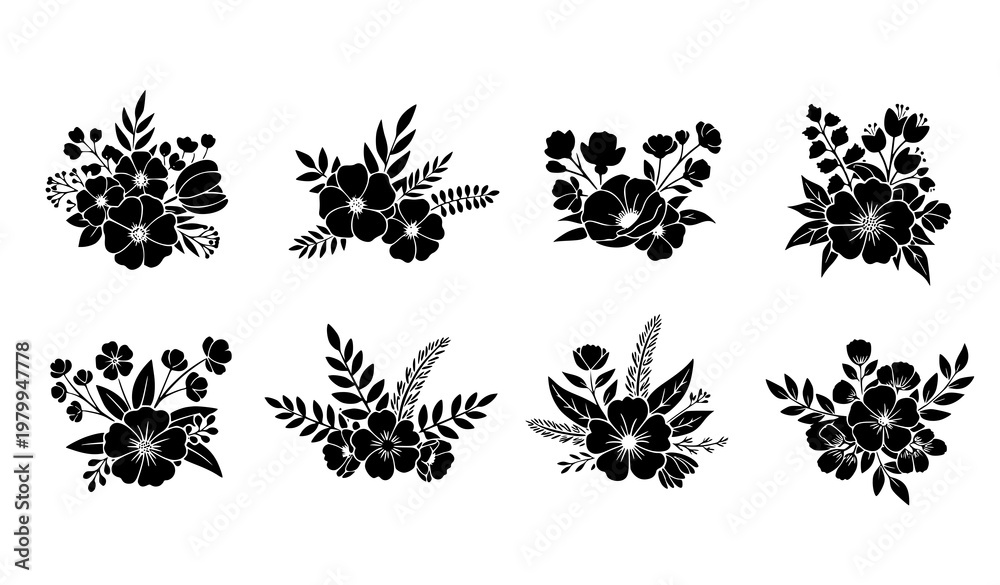 Fototapeta premium Floral SVG bundle with bouquets wildflowers and plant arrangements vector set for cricut isolated on white background