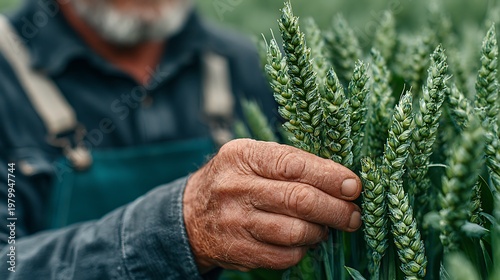 Farmer holding green wheat crop.
