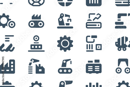 Industrial automation icons set featuring robotic arms gears manufacturing machinery and production logistics equipment elements