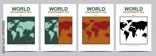 World Environment Day Minimal Map Poster Set. global map variations in earthy tones, ideal for environmental campaigns, educational materials, and eco awareness design. Vector illustration