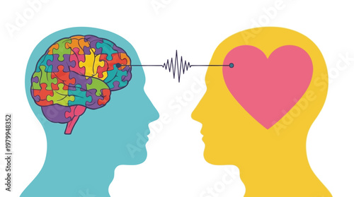 Conceptual image illustrating the connection between logic, emotion, and empathy, represented by a puzzle-piece brain and a heart.