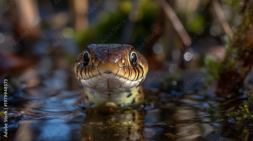 Fototapeta premium Frog partially submerged in water looking.