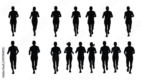 A collection of black silhouettes depicts a diverse group of people actively running or jogging in a forward direction high quality