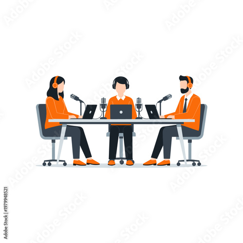 Three individuals participating in a virtual podcast recording session together