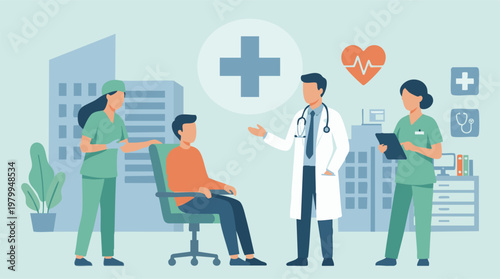 Doctor, nurses, and patient in a medical consultation at a healthcare clinic