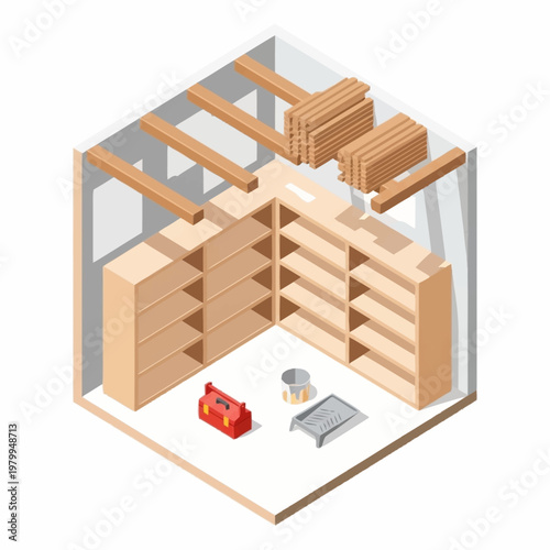 Interior construction of a new storage room with wooden shelves and beams.