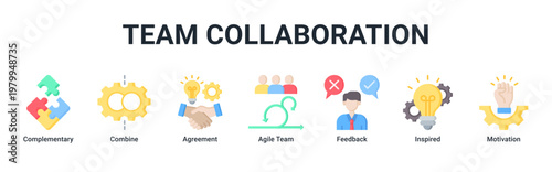 Team Collaboration devops banner with teamwork,feedback and communication icons for agile culture and team synergy