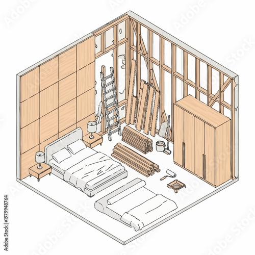 Interior home renovation bedroom construction in progress.