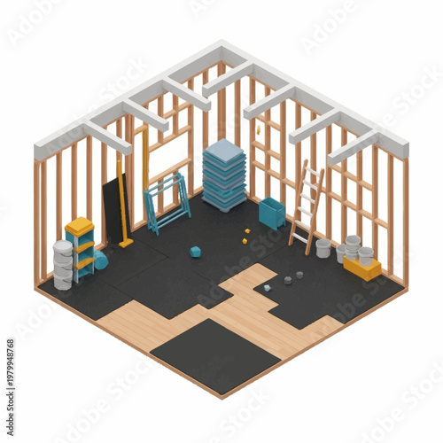 Interior Home Construction Framing and Flooring Installation.