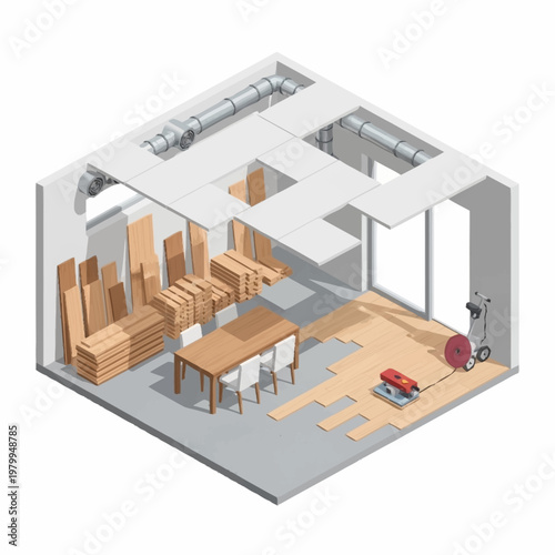 Interior renovation and construction scene with wood planks and tools.