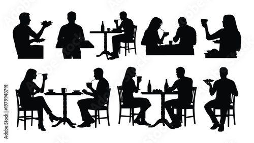 A collection of black silhouettes depicts multiple people engaged in dining activities at various tables and seating arrangements high quality professional