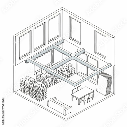 Isometric view of a storage room with stacked goods and furniture.