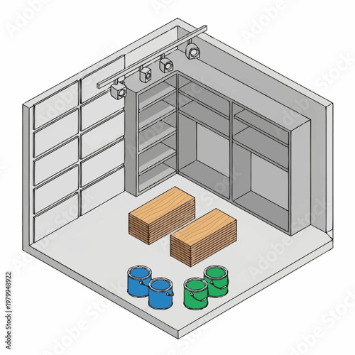 Isometric view of a storage unit with shelves and boxes.