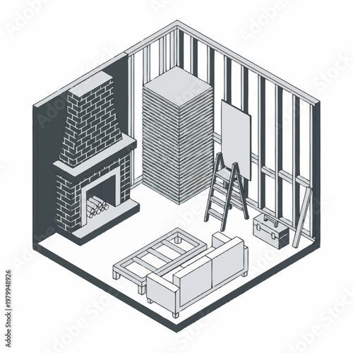 Isometric view of a room under construction with furniture and fireplace.