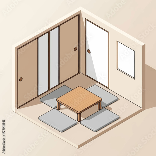 Isometric view of a traditional Japanese room with low table and cushions.