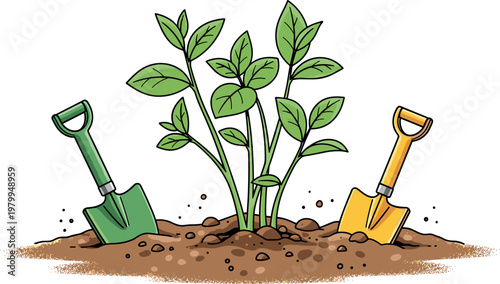 Gardening Tools with Growing Plants in Soil, Shovel, Greenery, Nature, and Agriculture Illustration for Digital Media and Website Designs