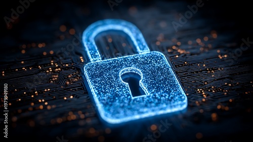 Glowing blue digital lock security concept.